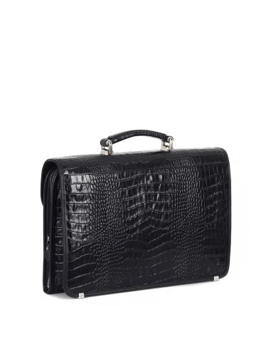 Deri Evrak Çantası OLM255 Siyah - Timsah Desenli