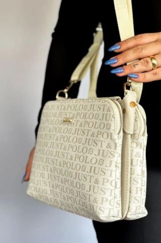 Just Polo 5 Bölmeli Günlük Kullanıma Uygun Büyük Boy Kadın Çapraz Omuz Çantası Krem