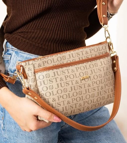 Just Polo 4 Bölmeli Çift Askılı Empirme Baskılı Omuz Ve Çapraz Çantası OLM2204 Vizon