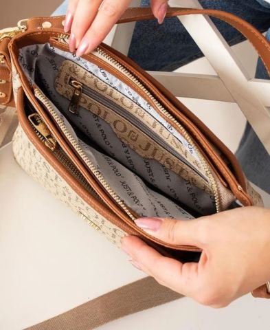 Just Polo 4 Bölmeli Çift Askılı Empirme Baskılı Omuz Ve Çapraz Çantası OLM2204 Vizon