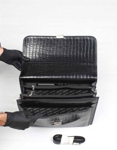 Deri Klasik Evrak Çantası OLM290 Siyah - Timsah Desenli